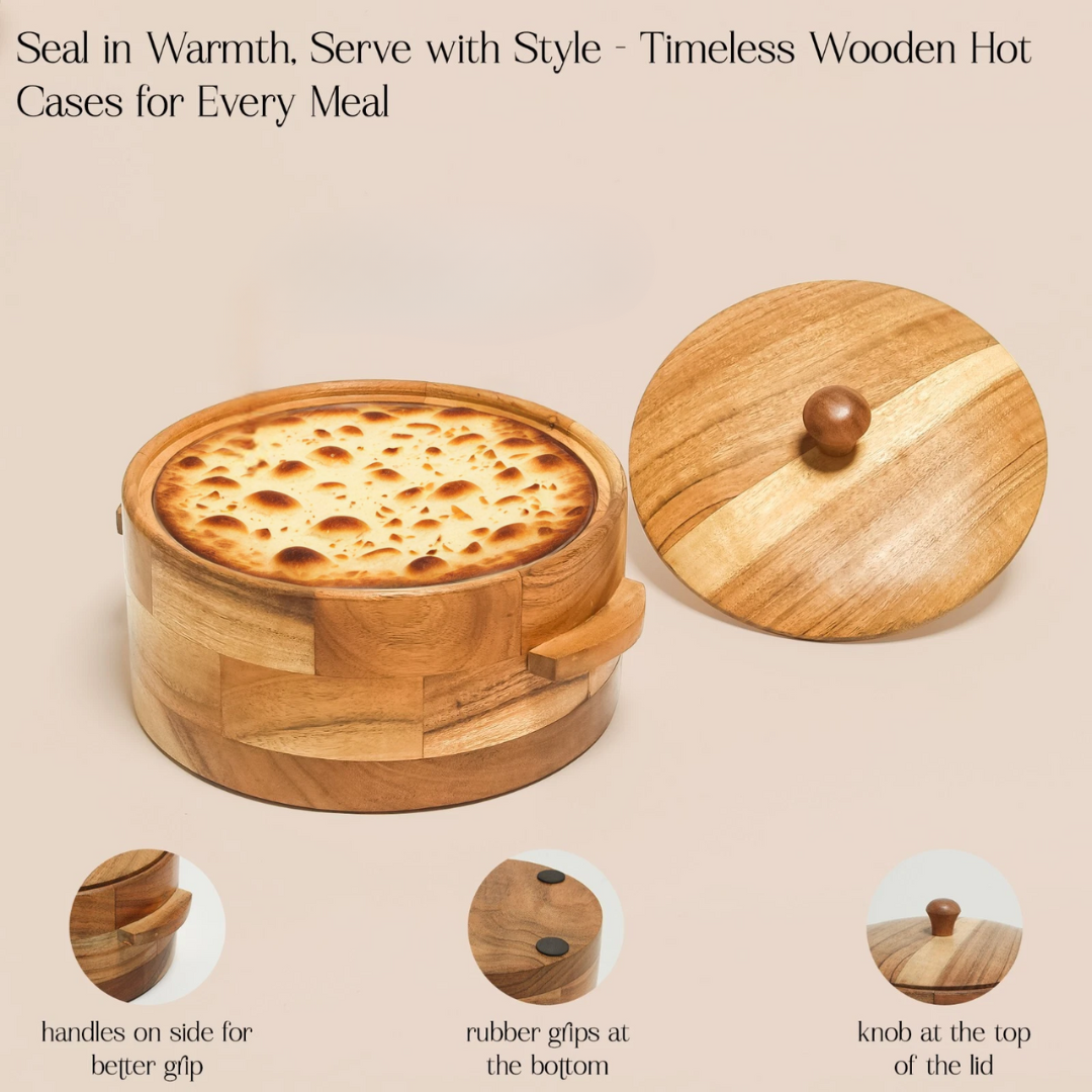 Handcrafted Wooden Chapati Casserole Box with Dual Handle and Lid