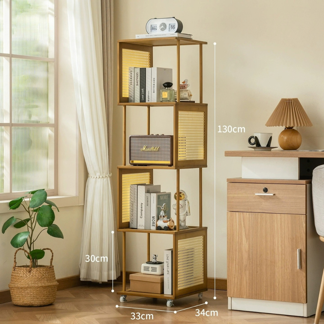 Bamboo Rattan Rotating Corner Storage Shelf With Wheels