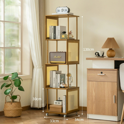 Bamboo Rattan Rotating Corner Storage Shelf With Wheels