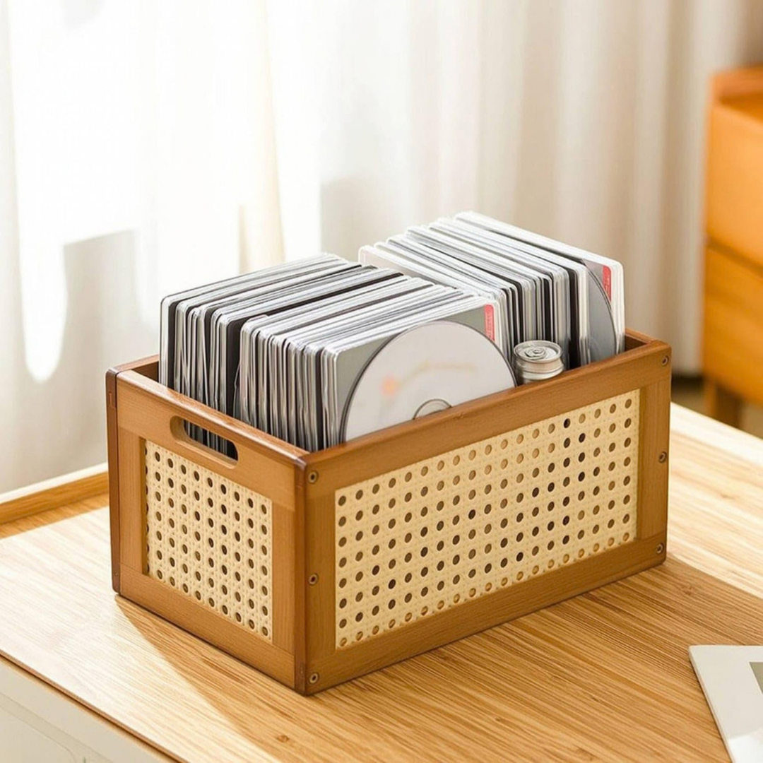 Wooden Rattan Desktop Organizer with Handles