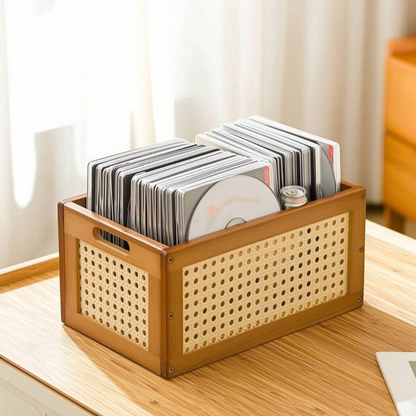 Wooden Rattan Desktop Organizer with Handles