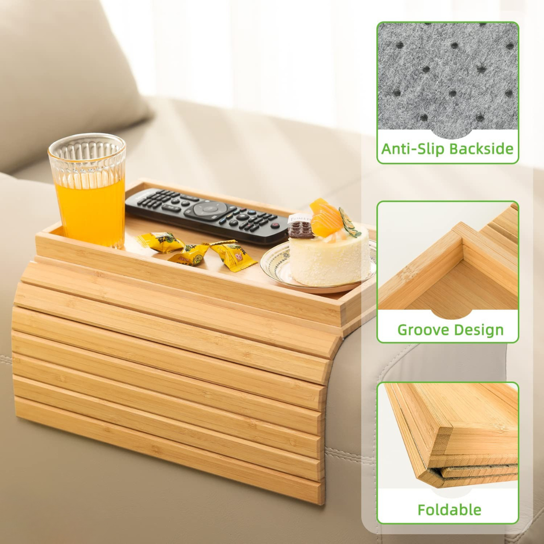 Foldable Bamboo Sofa Arm Tray Table with Anti-Slip Grip - 33.5 x 45.7CM