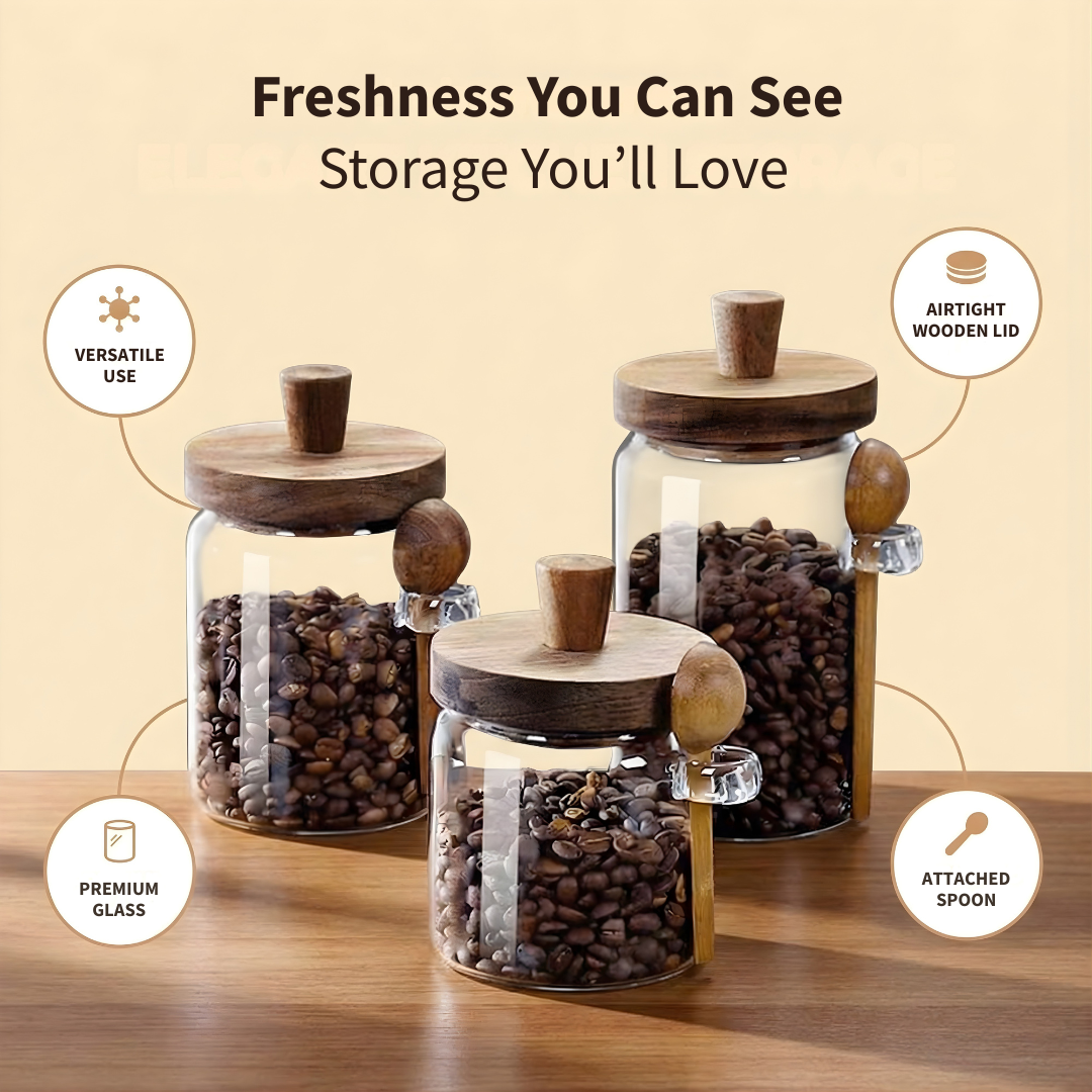 Airtight Glass Storage Jars with Wooden Lid & Spoon