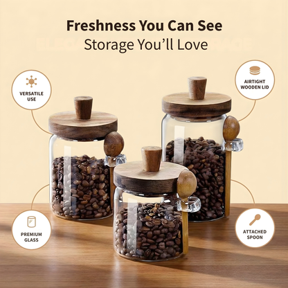 Airtight Glass Storage Jars with Wooden Lid & Spoon