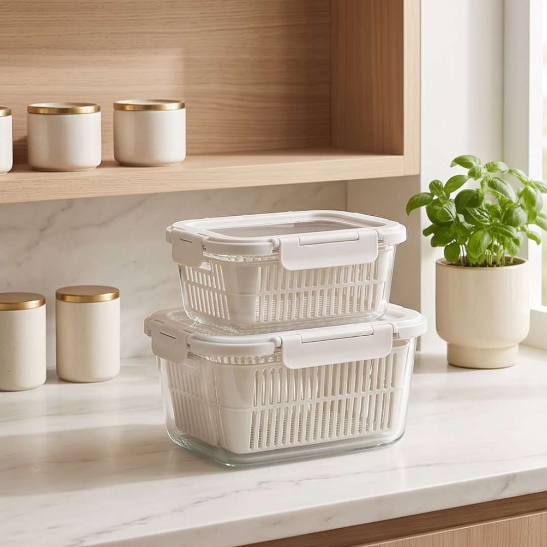 Airtight Glass Fruit Vegetable Storage Containers with Colander