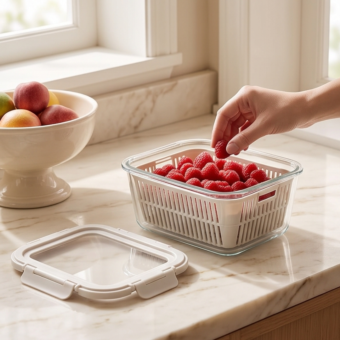 Airtight Glass Fruit Vegetable Storage Containers with Colander