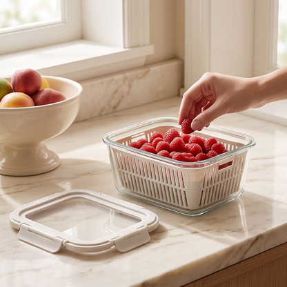 Airtight Glass Fruit Vegetable Storage Containers with Colander