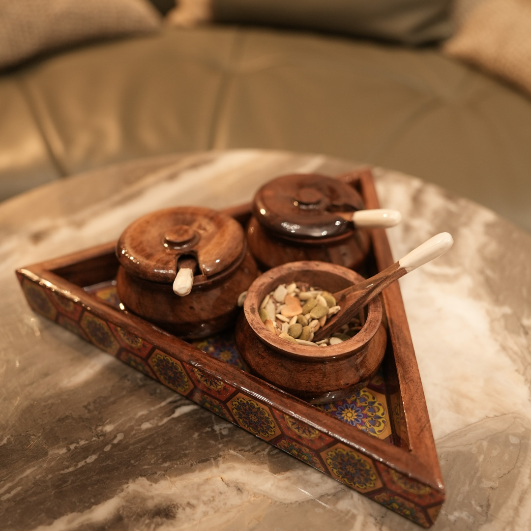 Sheesham Wood Triangular Condiment Tray with Jars and Spoons Set