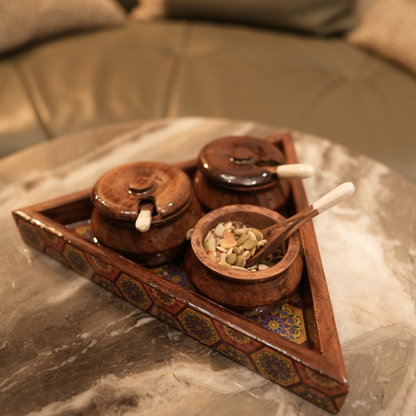 Sheesham Wood Triangular Condiment Tray with Jars and Spoons Set