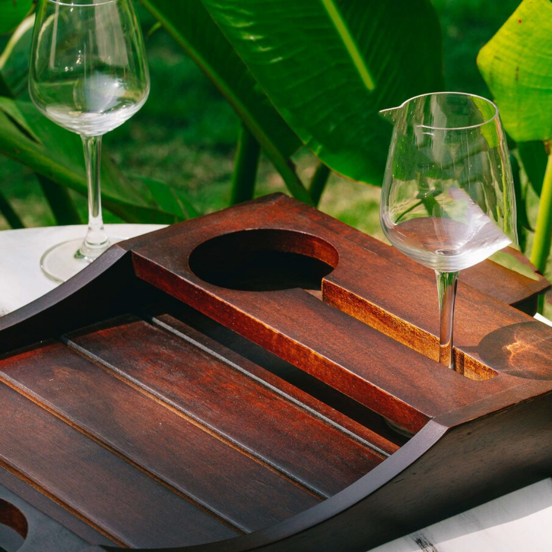 Elegant Wooden Wine Tray with Glass and Bottle Holders