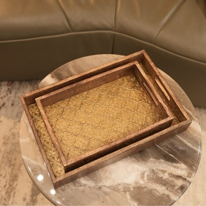 Premium Wood MDF Patra Work Decorative Tray Set with Golden Finish