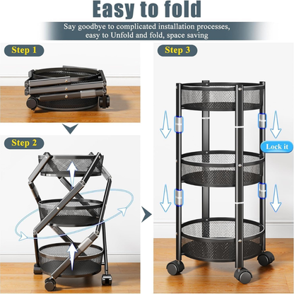 3 Tier Foldable Rolling Storage Trolley with Lockable Wheels