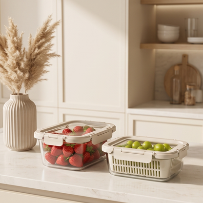 Airtight Glass Fruit Vegetable Storage Containers with Colander