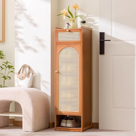 Slim Bamboo Shoe Cabinet With Magnetic Rattan Door