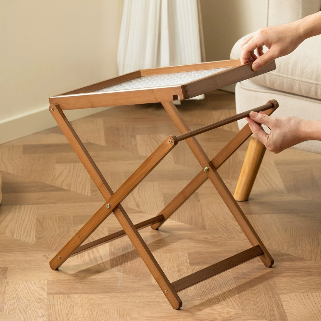 Foldable Bamboo Side Table With Detachable Acrylic Tray