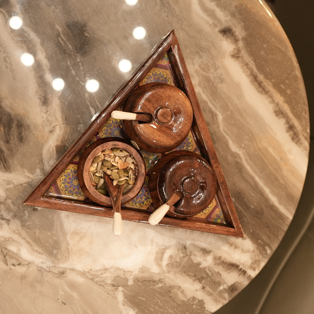 Sheesham Wood Triangular Condiment Tray with Jars and Spoons Set