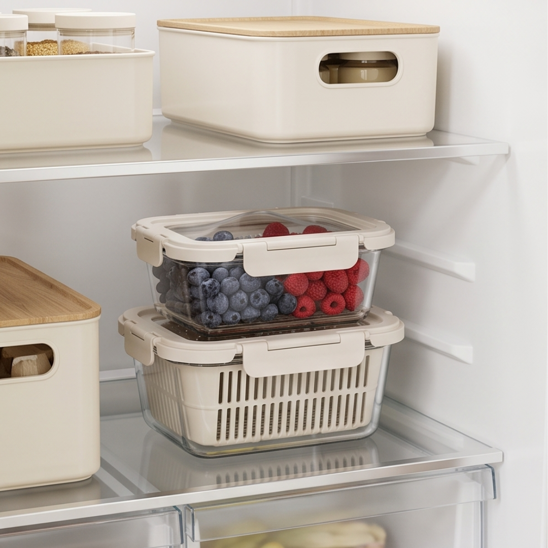 Airtight Glass Fruit Vegetable Storage Containers with Colander