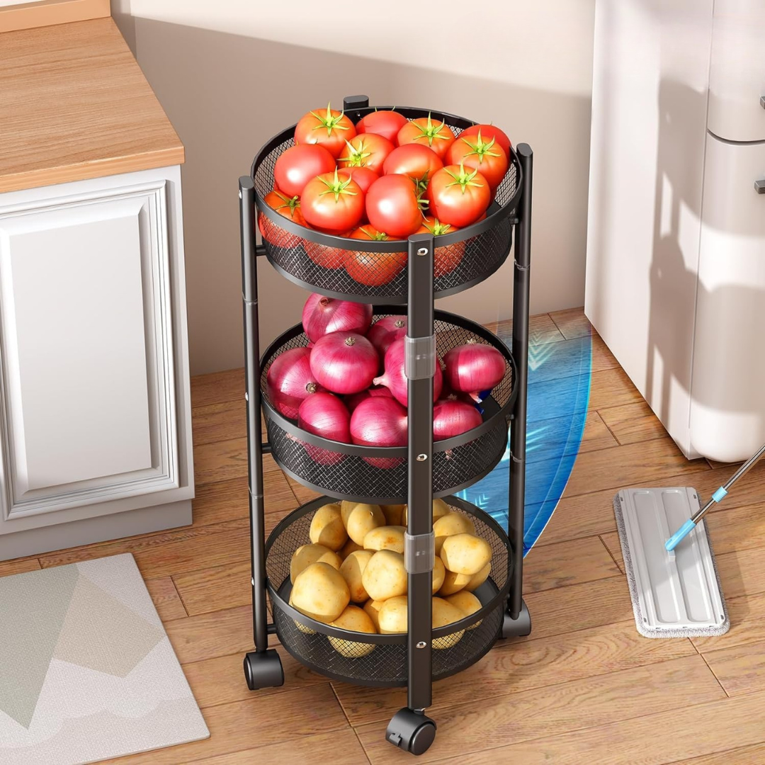 3 Tier Foldable Rolling Storage Trolley with Lockable Wheels