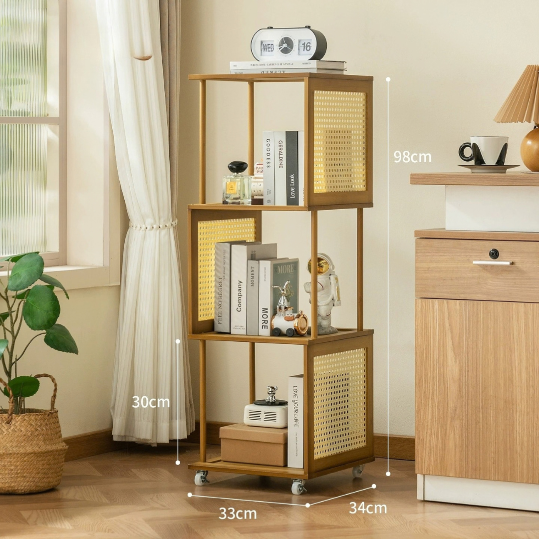Bamboo Rattan Rotating Corner Storage Shelf With Wheels