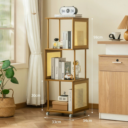 Bamboo Rattan Rotating Corner Storage Shelf With Wheels