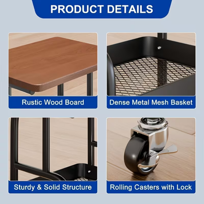 3 Tier Rolling Storage Utility Cart with Wooden Top