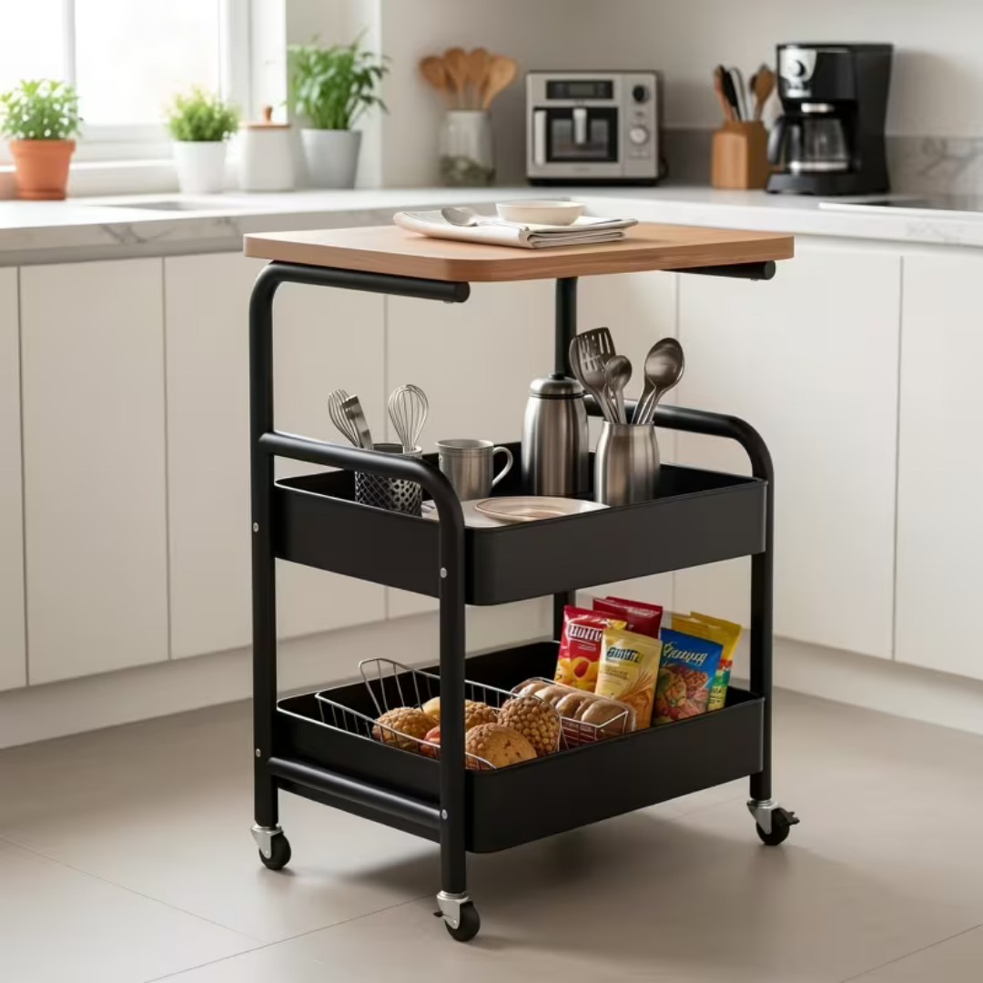 3 Tier Rolling Storage Utility Cart with Wooden Top