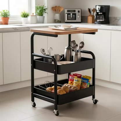 3 Tier Rolling Storage Utility Cart with Wooden Top
