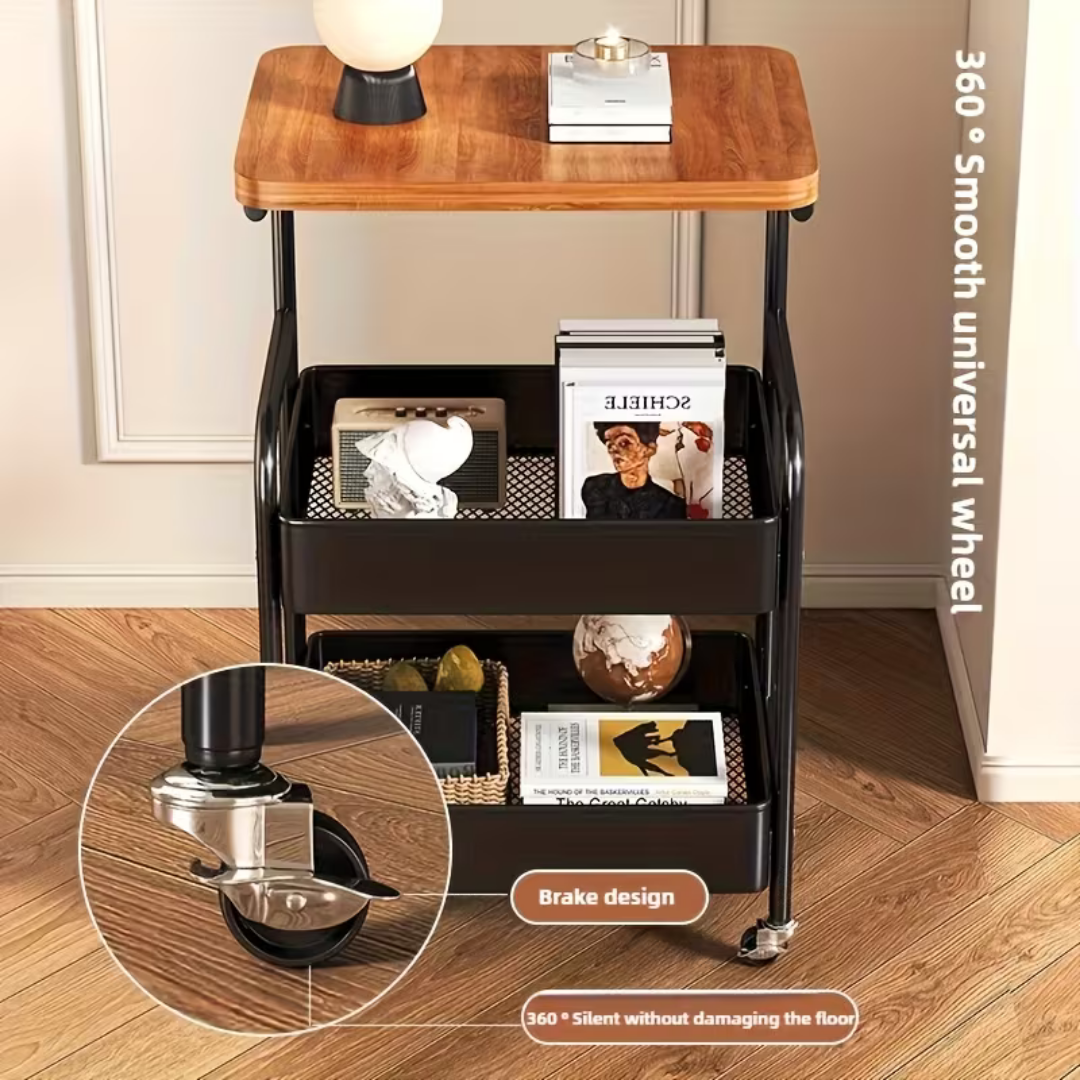 3 Tier Rolling Storage Utility Cart with Wooden Top