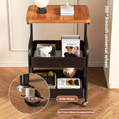 3 Tier Rolling Storage Utility Cart with Wooden Top