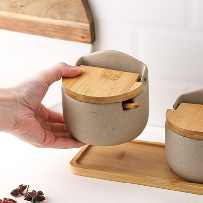 Elegant Japanese Ceramic Spice Jar Set with Bamboo Tray