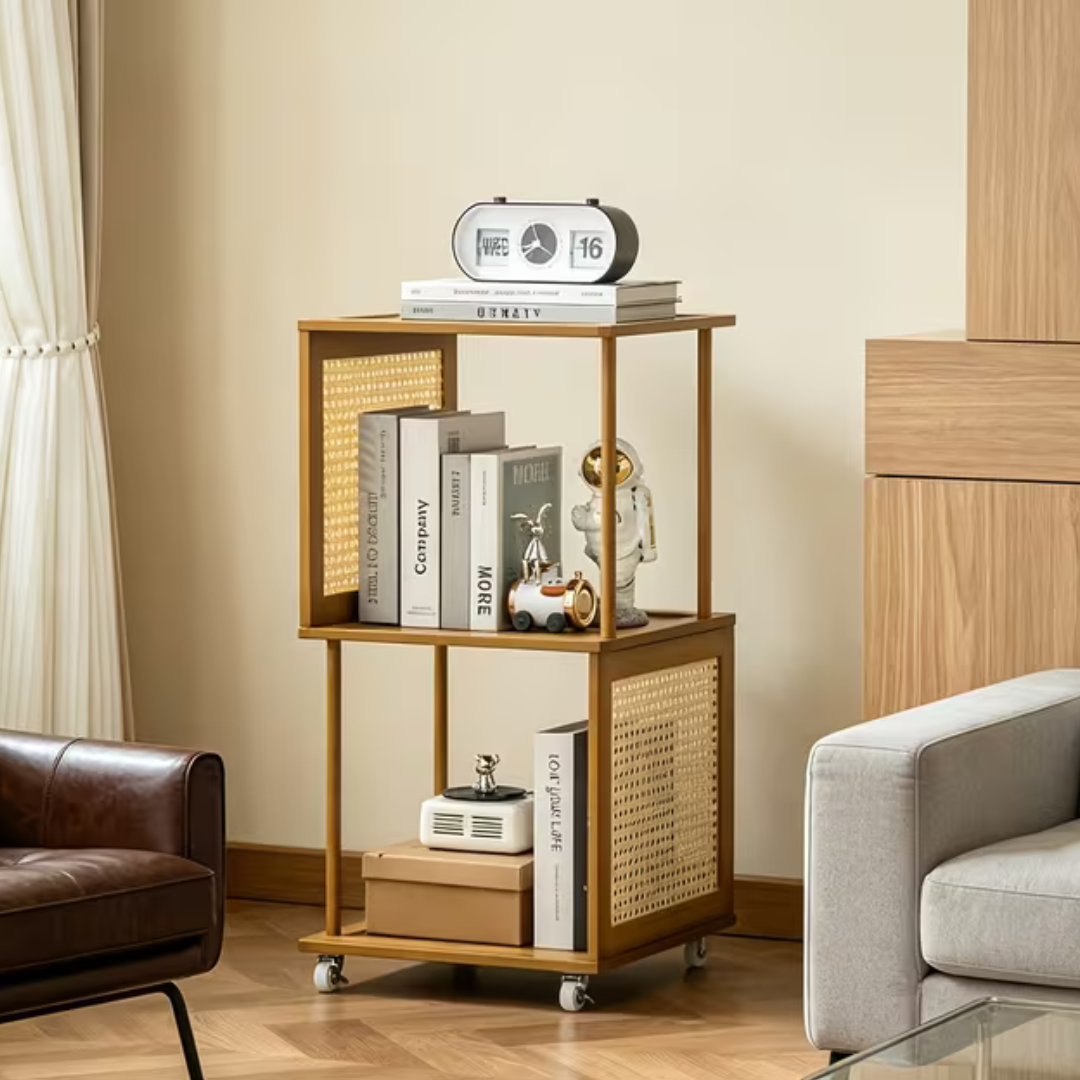 Bamboo Rattan Rotating Corner Storage Shelf With Wheels