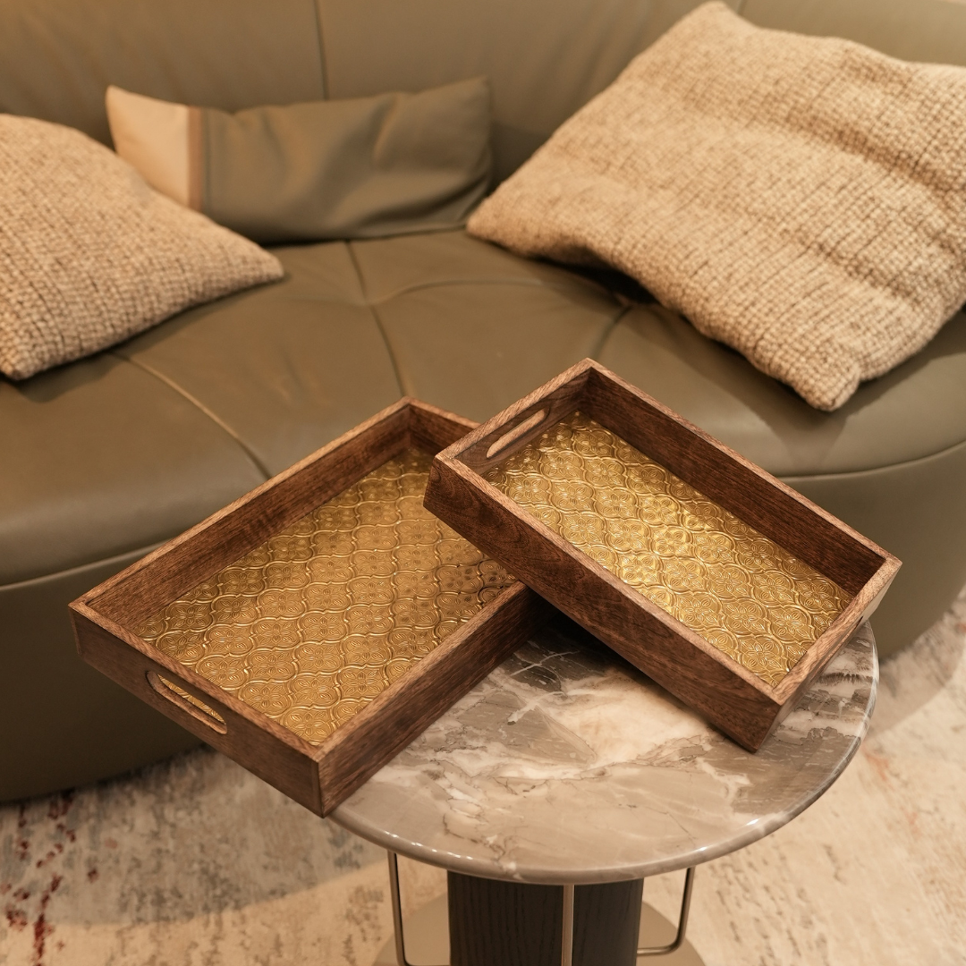 Premium Wood MDF Patra Work Decorative Tray Set with Golden Finish