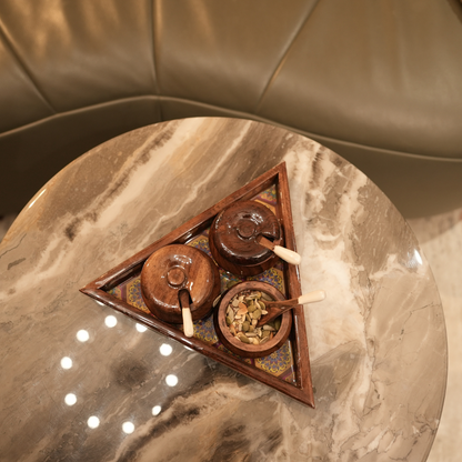 Sheesham Wood Triangular Condiment Tray with Jars and Spoons Set