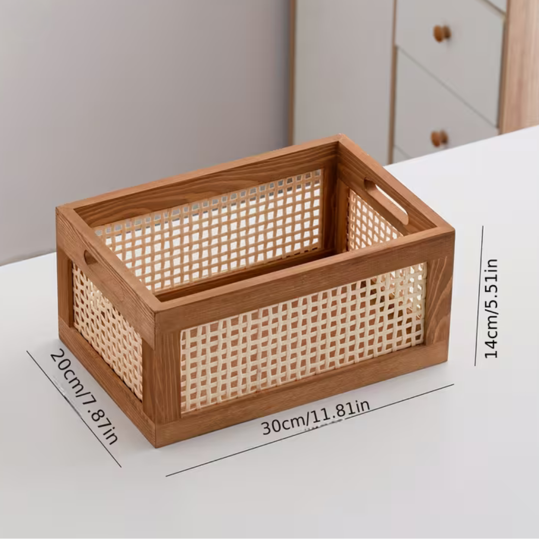 Wooden Rattan Desktop Organizer with Handles