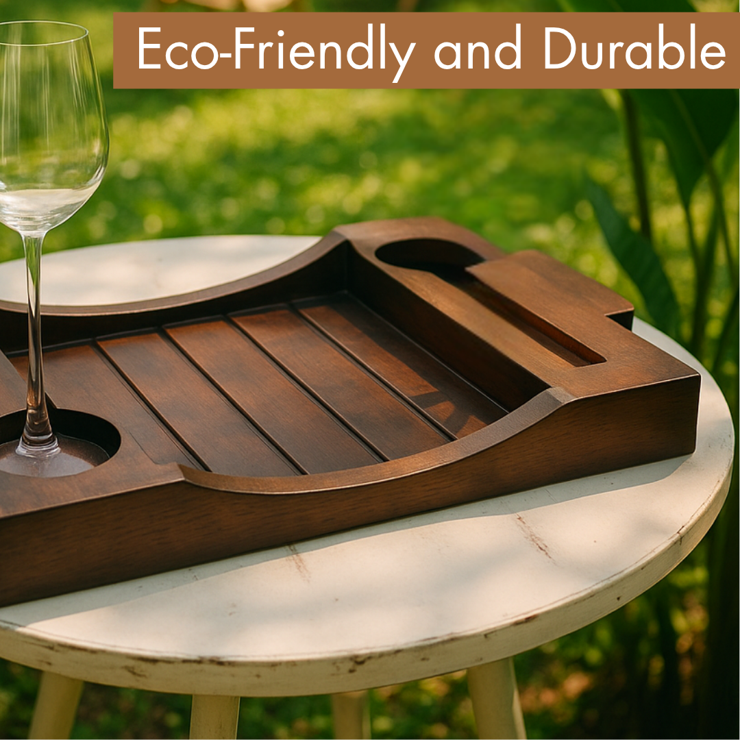Elegant Wooden Wine Tray with Glass and Bottle Holders