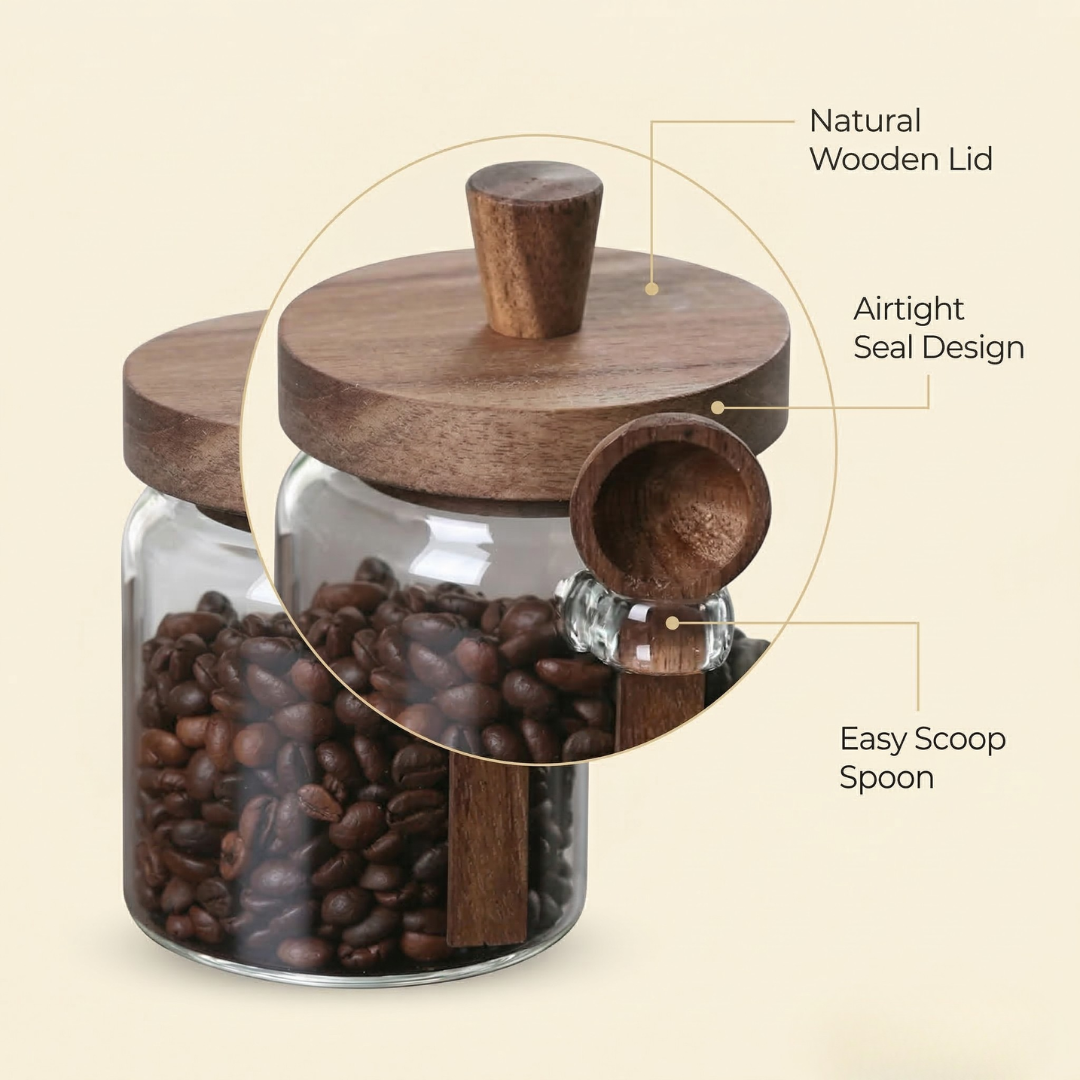 Airtight Glass Storage Jars with Wooden Lid & Spoon