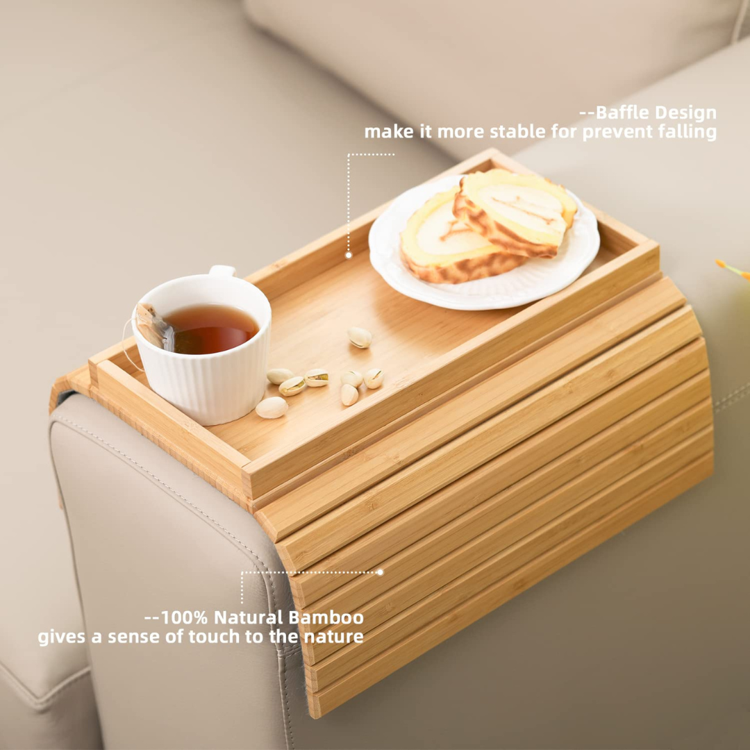 Foldable Bamboo Sofa Arm Tray Table with Anti-Slip Grip - 33.5 x 45.7CM