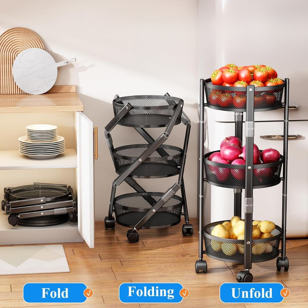3 Tier Foldable Rolling Storage Trolley with Lockable Wheels