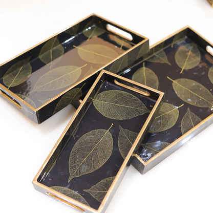 Elegant Leaf Pattern Resin MDF Tray for Modern Homes (Set of 3)
