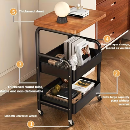 3 Tier Rolling Storage Utility Cart with Wooden Top