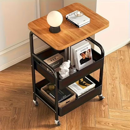 3 Tier Rolling Storage Utility Cart with Wooden Top