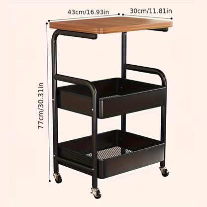 3 Tier Rolling Storage Utility Cart with Wooden Top