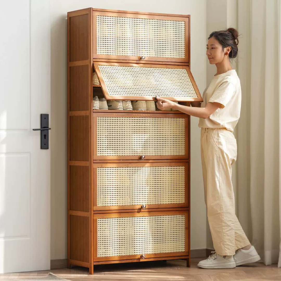 Multi Layer Bamboo Storage Shelf with Flip Door