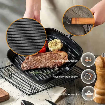 Premium Cast Iron Steak Pan with Wooden Handle