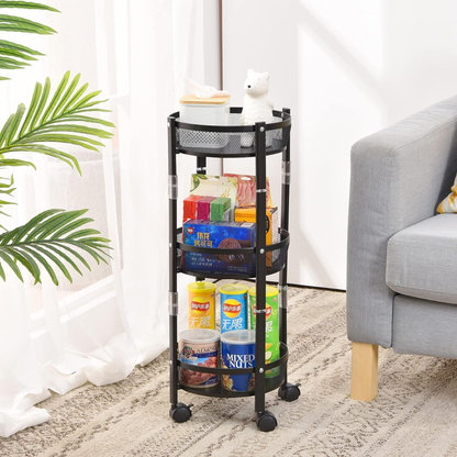 3 Tier Foldable Rolling Storage Trolley with Lockable Wheels