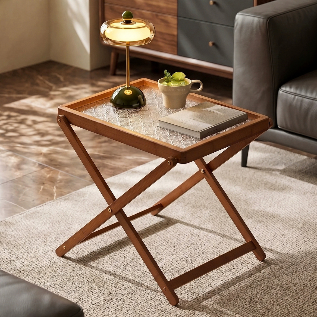 Foldable Bamboo Side Table With Detachable Acrylic Tray
