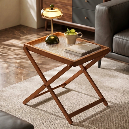 Foldable Bamboo Side Table With Detachable Acrylic Tray