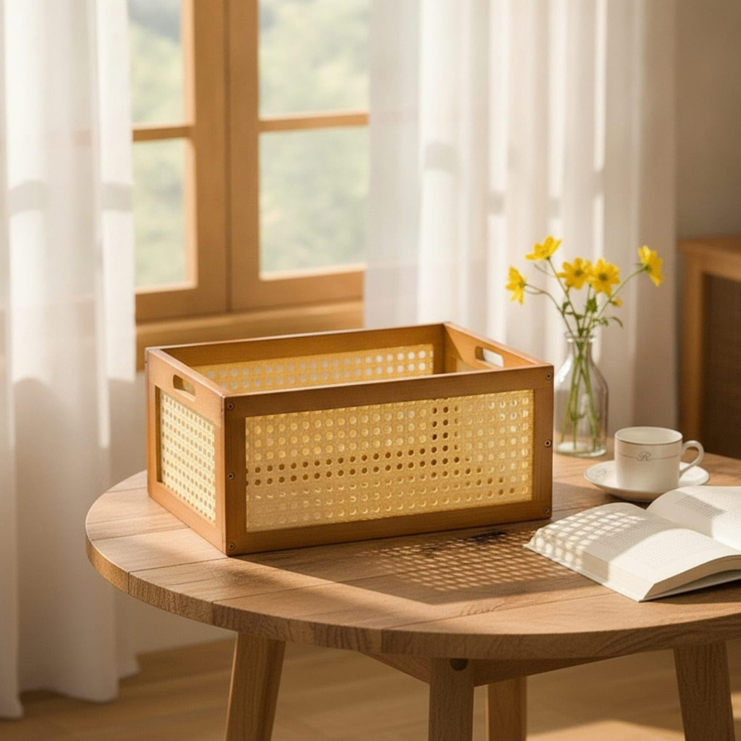 Wooden Rattan Desktop Organizer with Handles