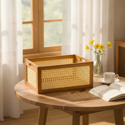 Wooden Rattan Desktop Organizer with Handles