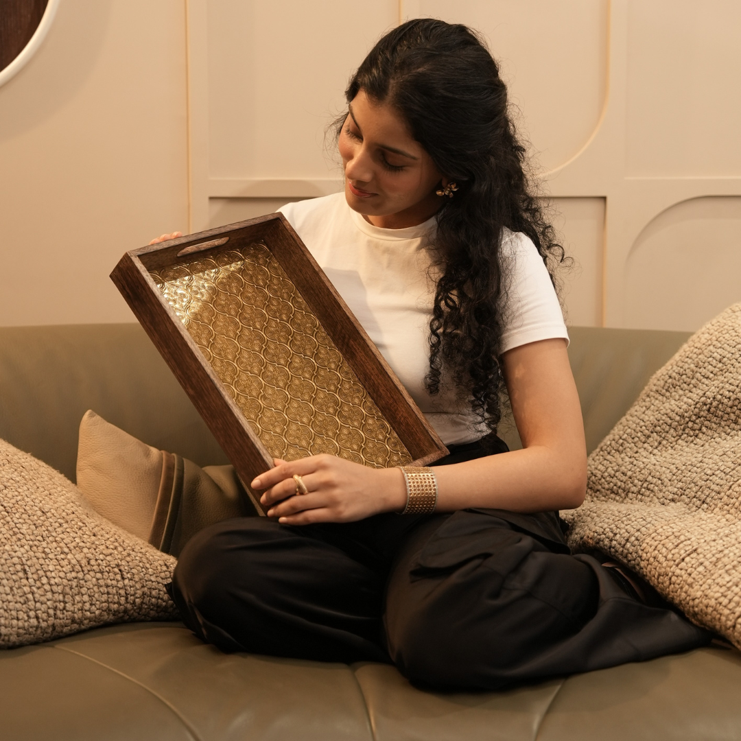 Premium Wood MDF Patra Work Decorative Tray Set with Golden Finish